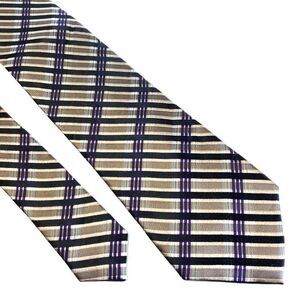 Pronto Uomo‎ Couture Woven Tan Black Purple Plaid Silk Tie